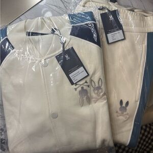 Psycho Bunny Cream and Teal Track Bomber